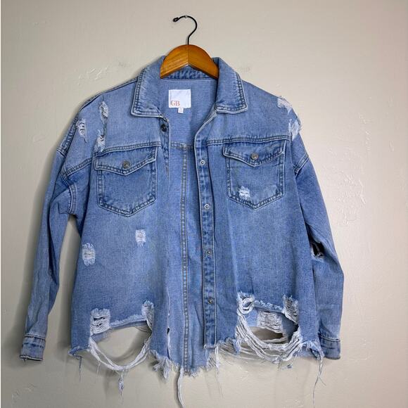 GB Women's Distressed Blue Jean Snap Front Jacket - Picture 1 of 5